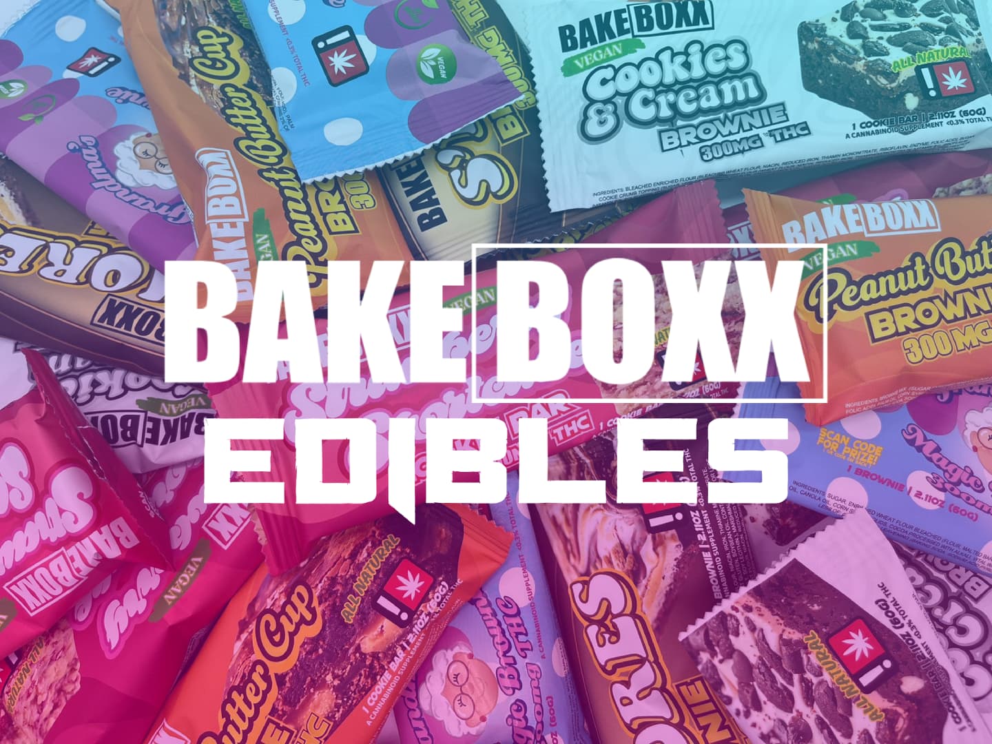 Premium THC edibles collection from BakeBoxx featuring brownies, cookies, gummies, and multi-cannabinoid blends with various potencies from 20mg to 1000mg+, all lab-tested and made from scratch