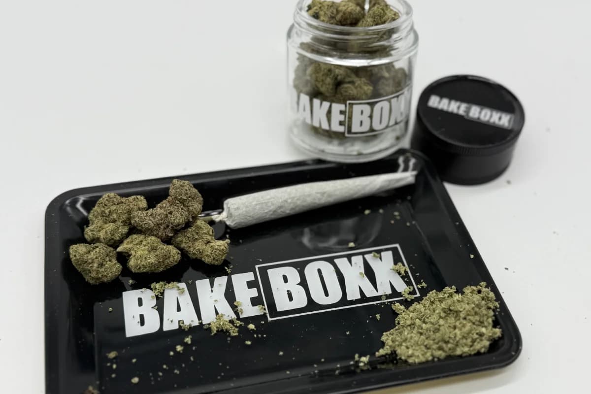 Premium THCA pre roll on tray with BakeBoxx logo showcasing indoor-grown flower, diamond infusion, and in-house rolling quality standards